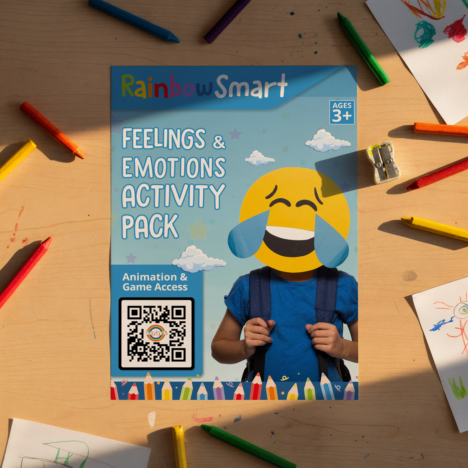 Feelings and emotions activity pack cover showing interactive worksheets for children's emotional learning and PSHE