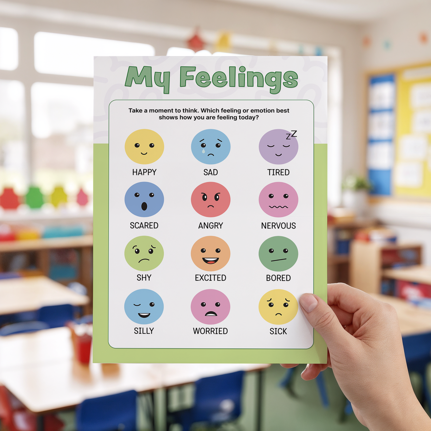 Free emotions chart poster showing feelings faces for children ages 3-7 to recognize and express emotions