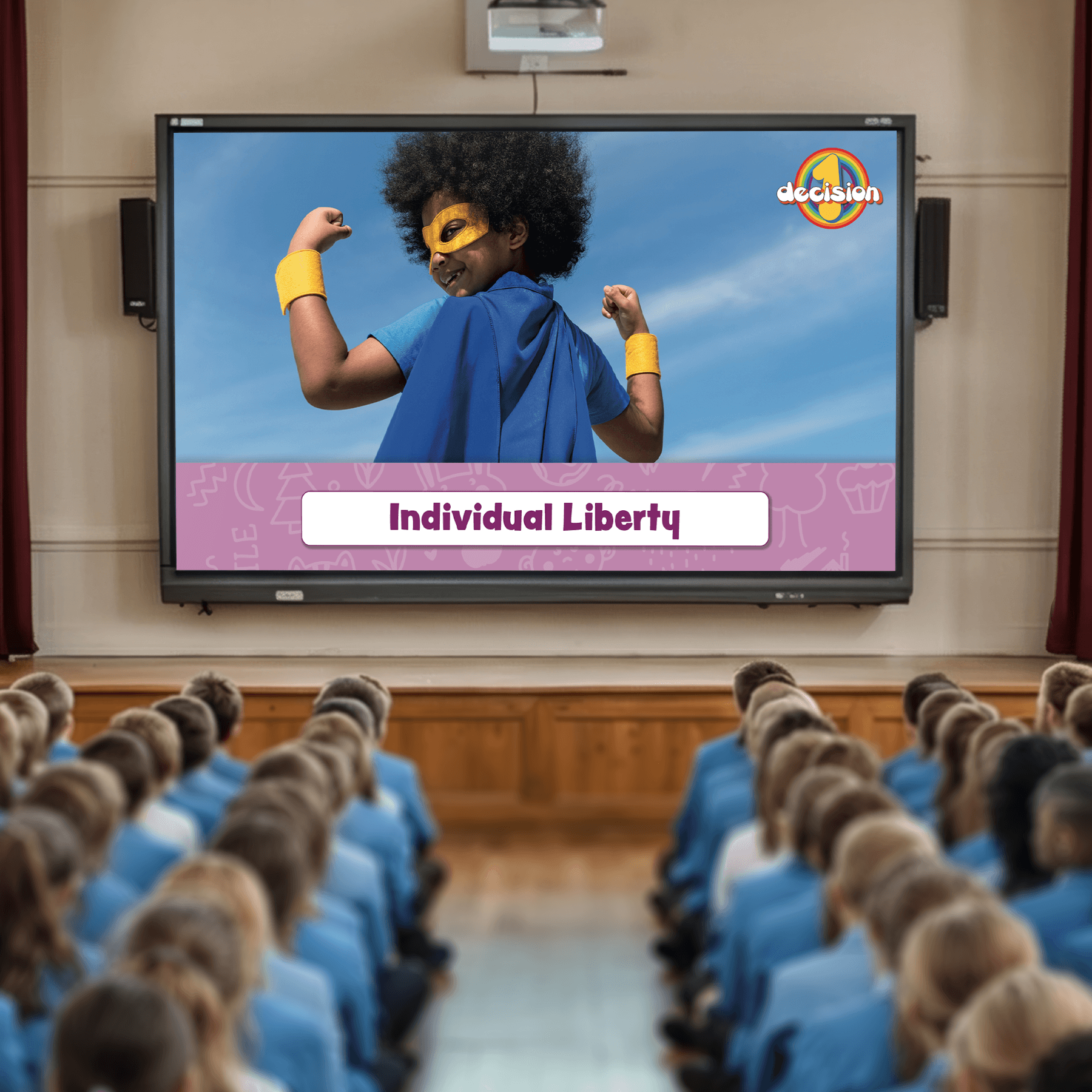 Children in a classroom watching a presentation on a screen about 'Individual Liberty'.