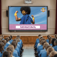 Children in a classroom watching a presentation on a screen about 'Individual Liberty'.