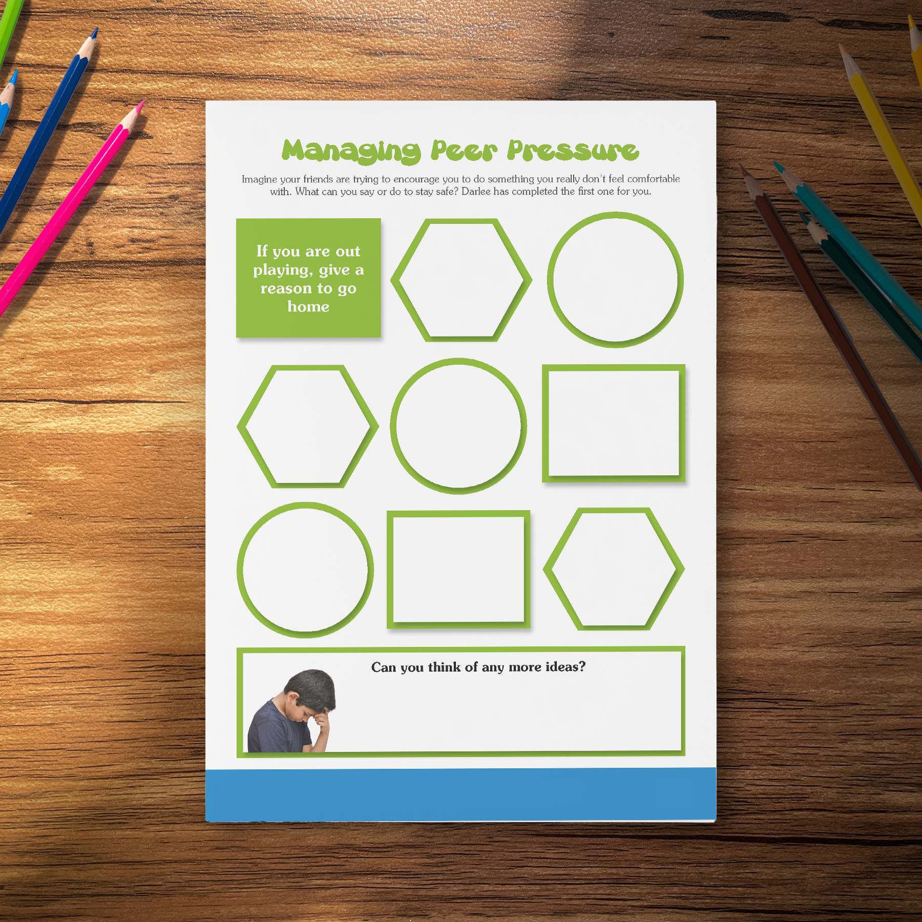 Peer pressure PSHE worksheet showing scenarios and activities for teaching resilience and independent choices KS2