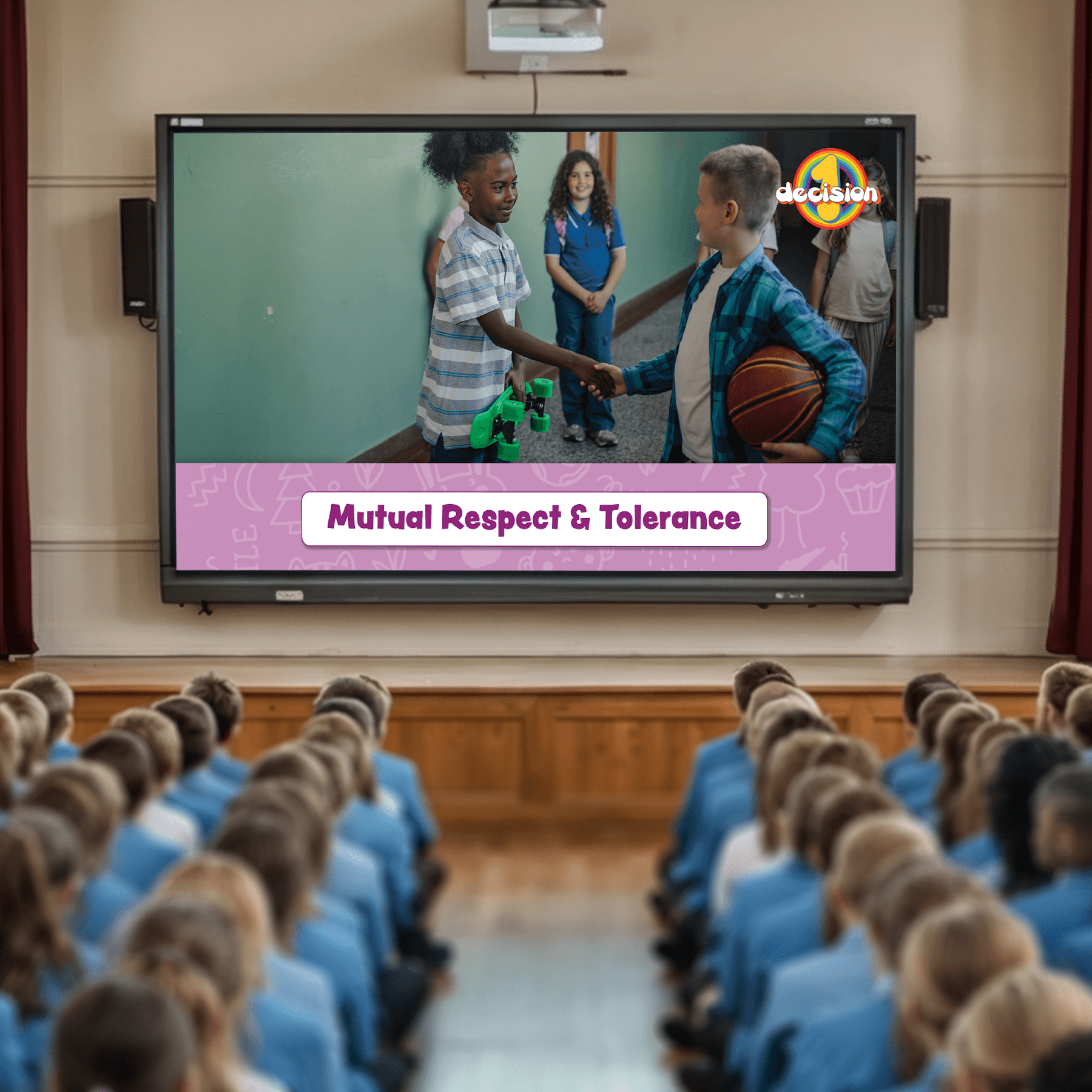 Classroom setting with students facing a screen displaying a lesson on mutual respect and tolerance.