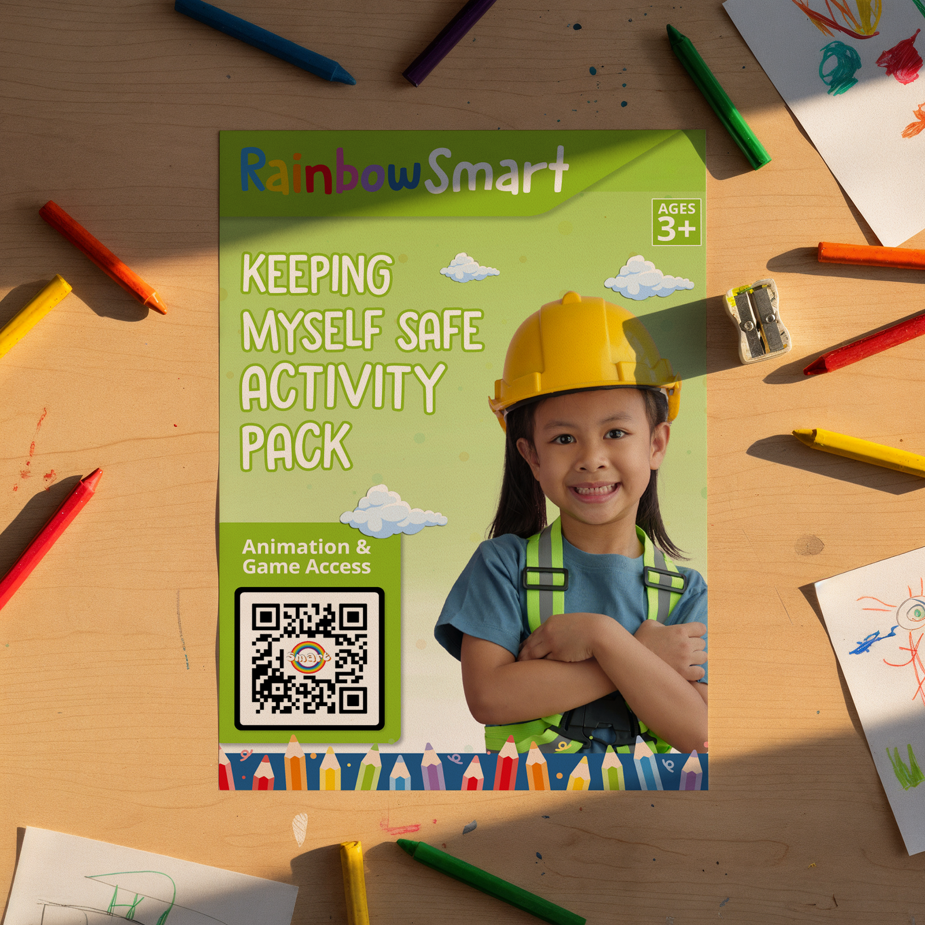 Staying safe activity pack cover showing safety worksheets and activities for children's PSHE learning